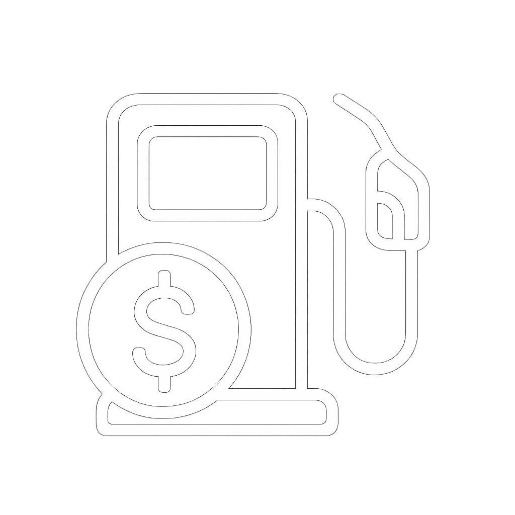 Envision a sleek minimalist white icon symbolizing savings on fuel consumption set against a transparent background This icon features a stylized fuel
